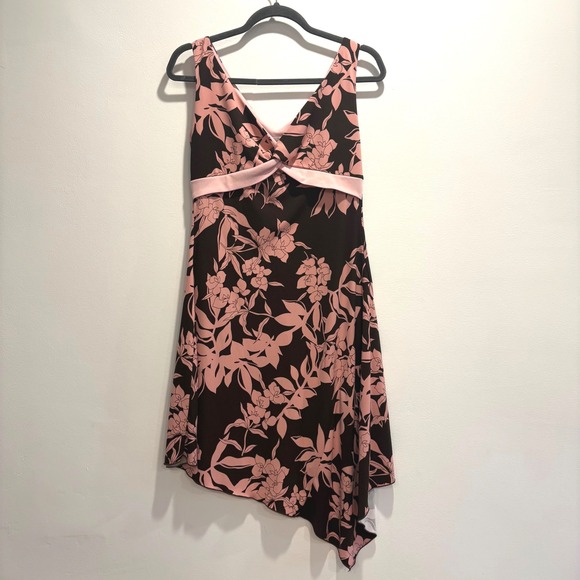 Y2K Babydoll Dress Brown Pink Floral Asymmetrical Hem V Neck Fairy Size M 2000s - Picture 2 of 8